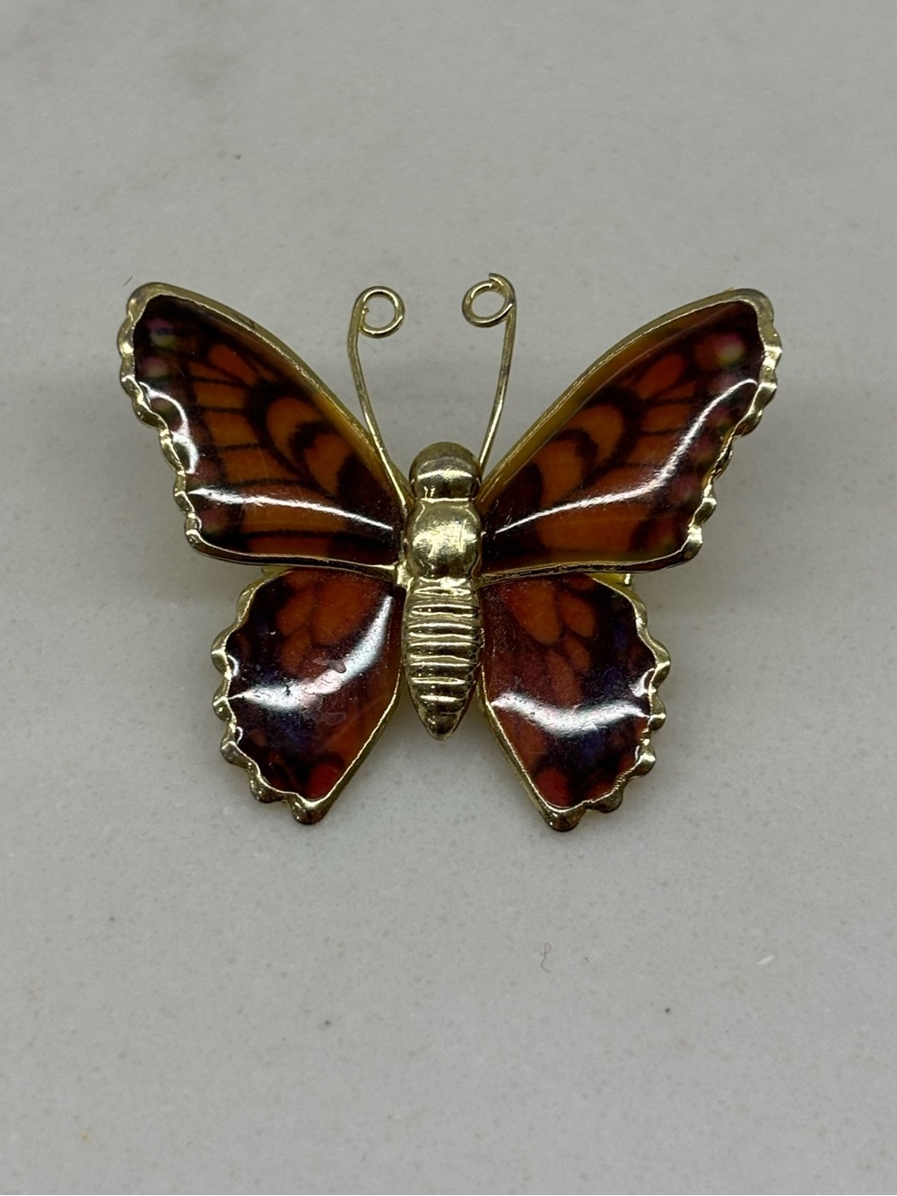 Vintage Gold Tone with Orange Enamel Wings Stylized Butterfly Brooch Lapel Pin